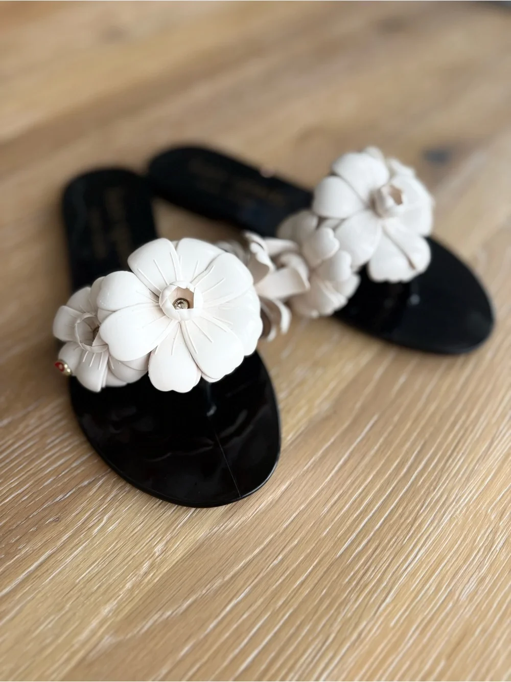 kate spade Black Slide Sandal with Cream Floral Accent